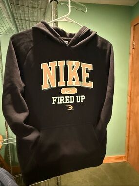 Nike Black Hoodie with Tan and White 'Fired Up' Chest Logo